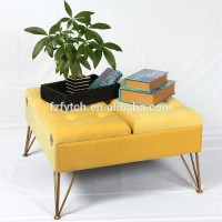 2018 New Design Yellow Upholstery Button Tufted Modern Design New Center Table with Golden Metal Legs